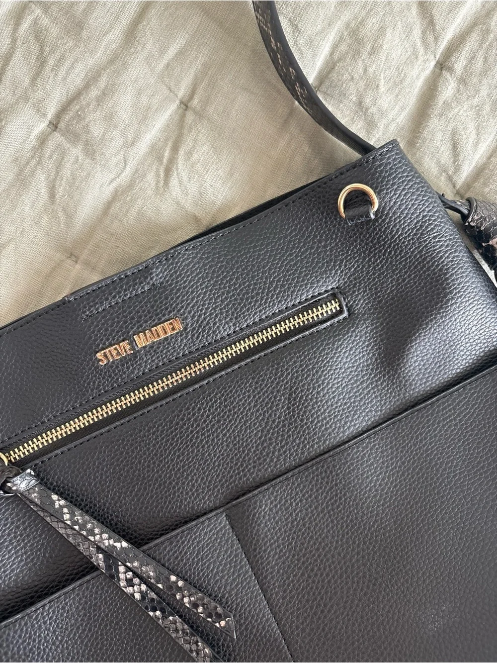 Steve Madden Black Shoulder Bag with “Peekaboo” Snake-Print Strap